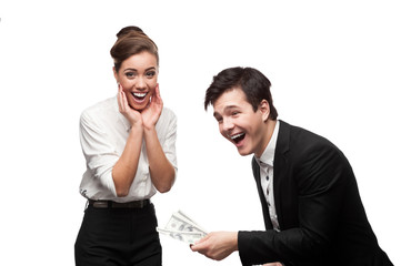 young happy business people holding money