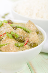 Thai green chicken curry with baby aubergines served with rice