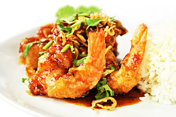 Thai food - deep fried prawns in Tamarind sauce with steam rice