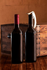 Wooden case with bottles of wine