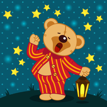 teddy bear in pajamas yawns - vector illustration