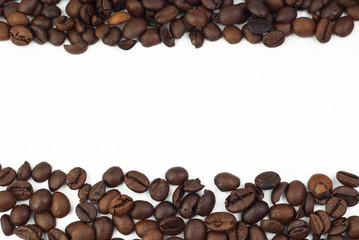 Roasted coffee beans on white background (open frame)