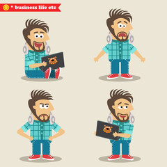 Young IT geek emotions in poses, standing set