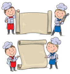 Two funny kids cook with banner scroll