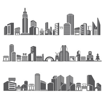cities silhouette icon set, city skyline