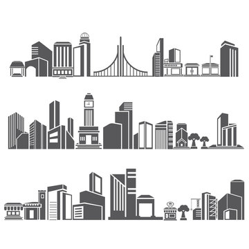 cities silhouette icon set, city skyline