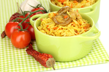 Delicious pilaf with vegetables close up