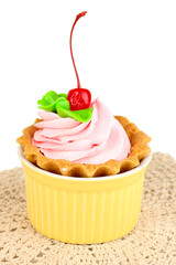 Cake with cherry in bowl for baking isolated on white