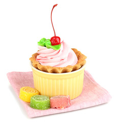 Cake with cherry in bowl for baking isolated on white