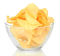 Potato chips in glass bowl, isolated on white