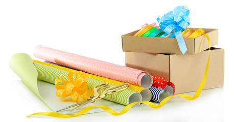 Materials and accessories for wrapping gifts isolated on white