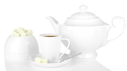 Cup of coffee,sugar-bowl and teapot isolated on white