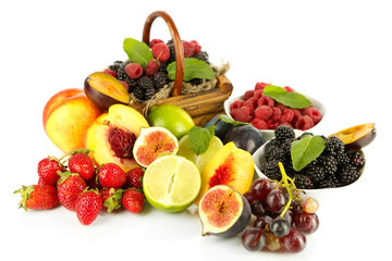 Naklejka na ściany i meble Assortment of juicy fruits and berries, isolated on white