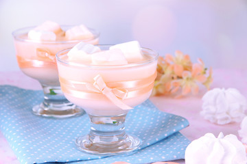 Tasty yogurt with marshmallows, close up