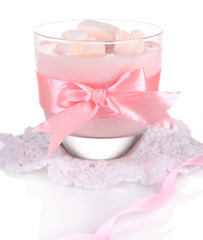 Tasty yogurt with marshmallows, isolated on white