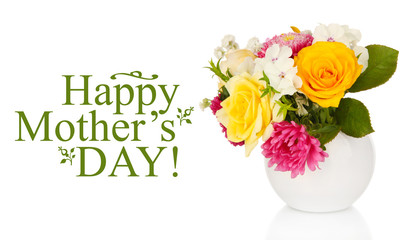 Beautiful bouquet of bright flowers in glass vase, isolated