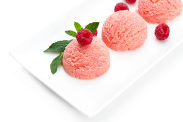 Delicious ice cream on plate isolated on white