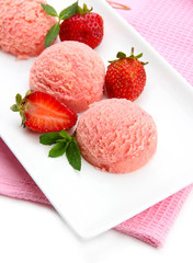 Delicious ice cream on plate close-up