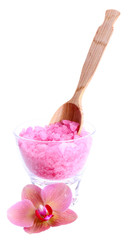 Color sea salt in glass bowl and  orchid flower, isolated