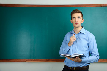 Young teacher near chalkboard in school classroom