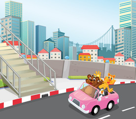 A pink vehicle with animals running at the city