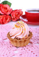 Tasty cake on table close-up