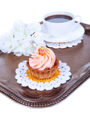 Tasty cake on tray close-up