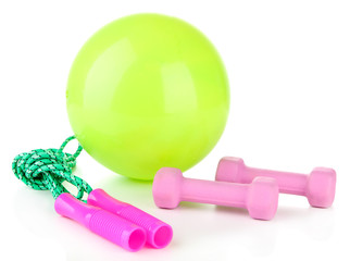 Bright green ball with rope and dumbbells isolated on white