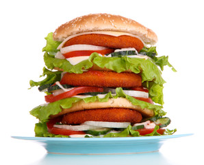 Huge burger on color plate, isolated on white