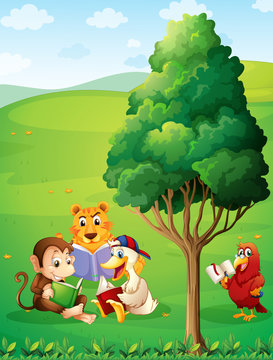 Animals reading under the tree at the hilltop