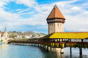 wooden Chapel bridge and old town of Lucerne, Switzerland