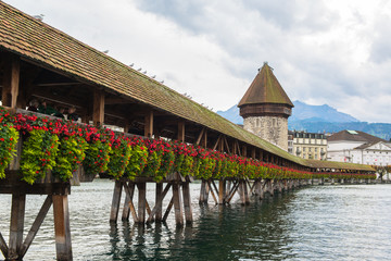 wooden Chapel bridge and old town of Lucerne, Switzerland