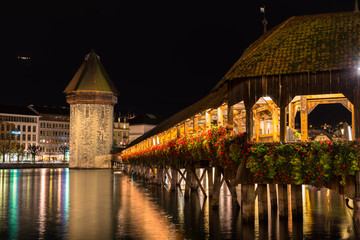 wooden Chapel bridge and old town of Lucerne, Switzerland