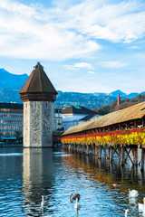 wooden Chapel bridge and old town of Lucerne, Switzerland