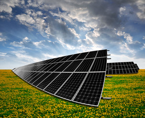 Solar energy panels in the setting sun