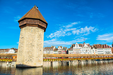 wooden Chapel bridge and old town of Lucerne, Switzerland