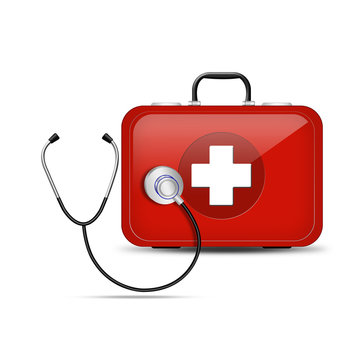 stethoscope with red First Aid kit. Illustration