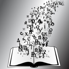 opened book with flying letters