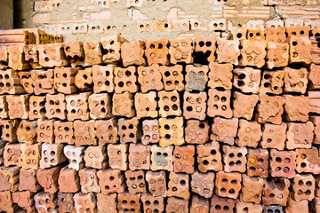 brick kiln. collection set of red bricks stack in oven factory b