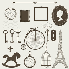 Vintage objects silhouettes vector set.