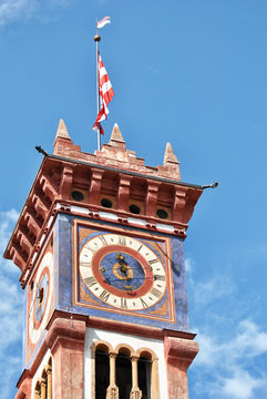 San Sebastiano church tower from Cavalese, Italy