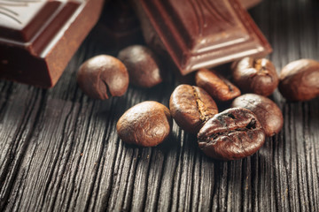 close up of chocolate and coffee beans, shallow dof