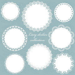 Cute white lacy doilies collection. - obrazy, fototapety, plakaty