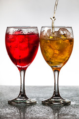 Several glasses of different drinks 