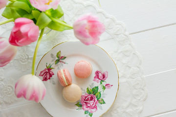 Macarons above through flowers