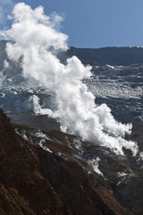 Fumaroles in crater Mutnovsky Volcano. Kamchatka Peninsula