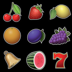 Slot machine fruit symbols on black background