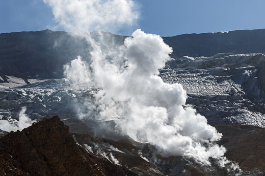 Fumaroles in the crater Mutnovsky Volcano. Kamchatka Peninsula