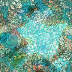 Vintage card design with fantasy flowers and dragonflies. Eps10