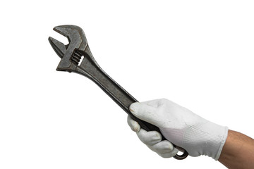 adjustable wrench in hand composition isolated on white